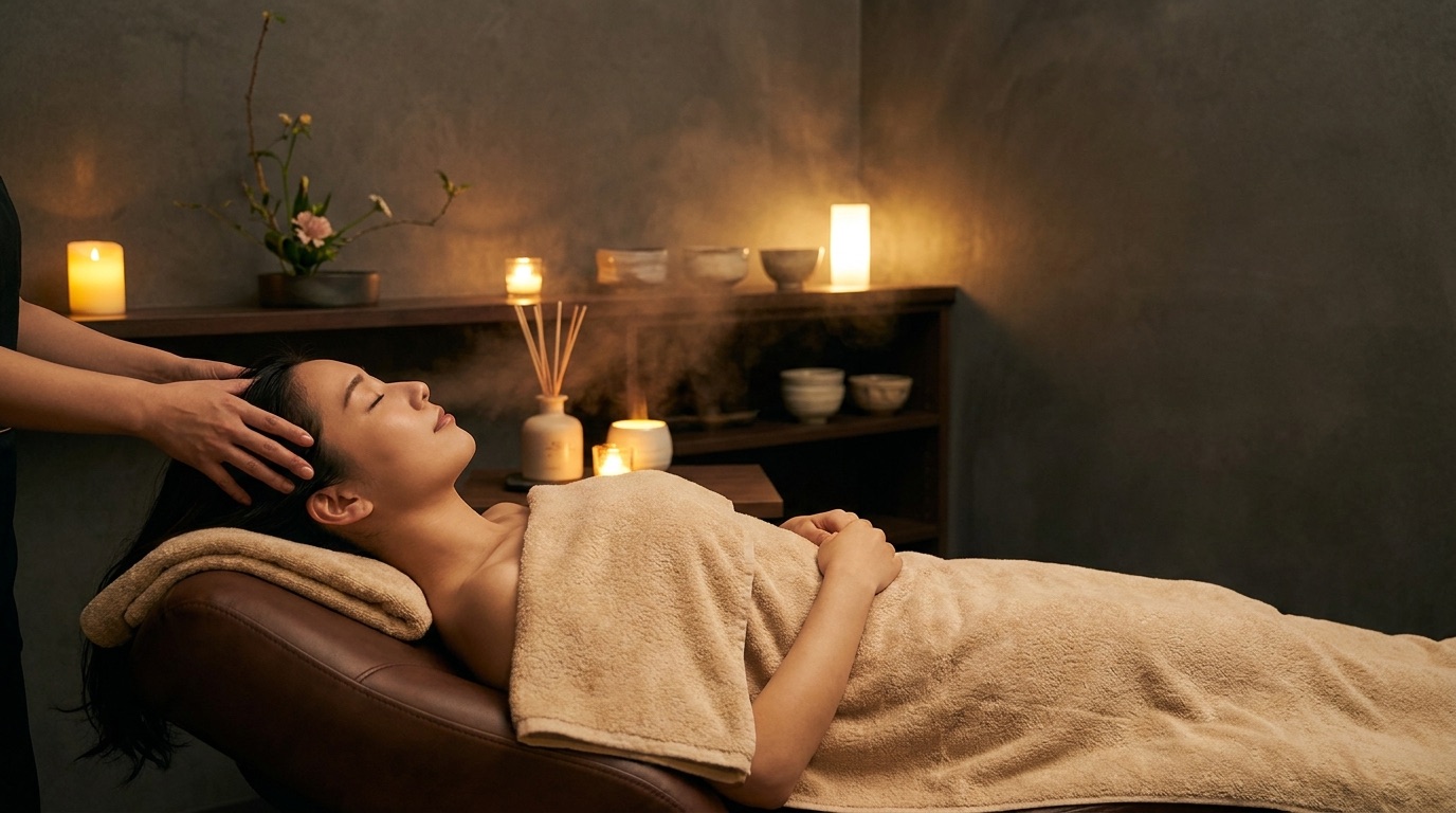Vendég a HEADZEN japán head spa kezelés közben, gyertyafényes, nyugodt környezetben